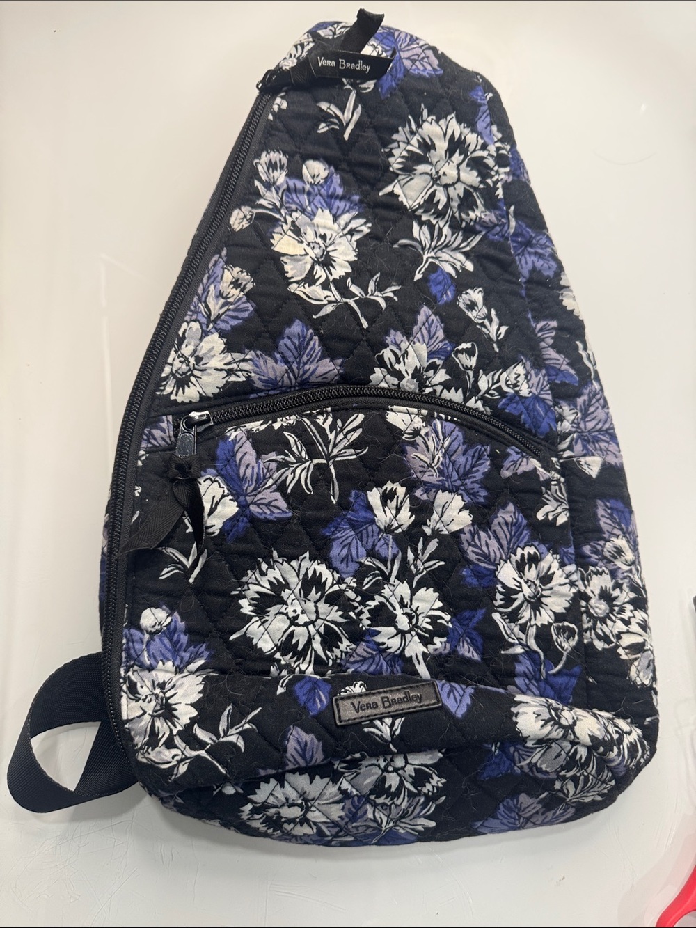 Vera Bradley Black Quilted Floral Sling Backpack with Purple and White Flowers